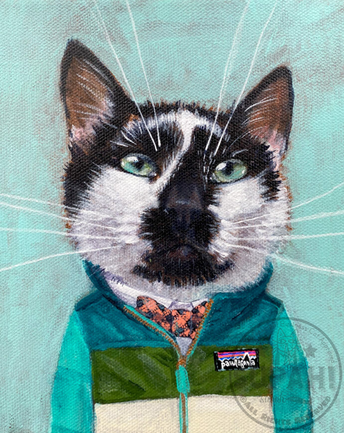 Gatsby explorer cat with a bow tie and pawtagonia jacket
